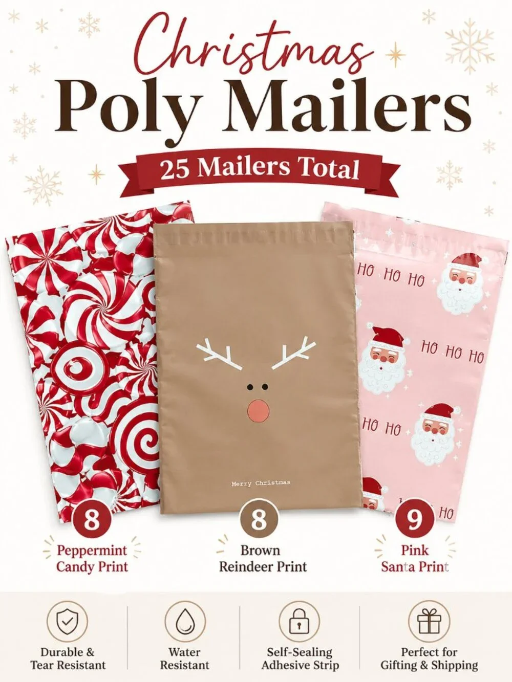 Christmas Poly Mailers Variety Pack 10x13 Reindeer Peppermint Pink Santa 25 Coun